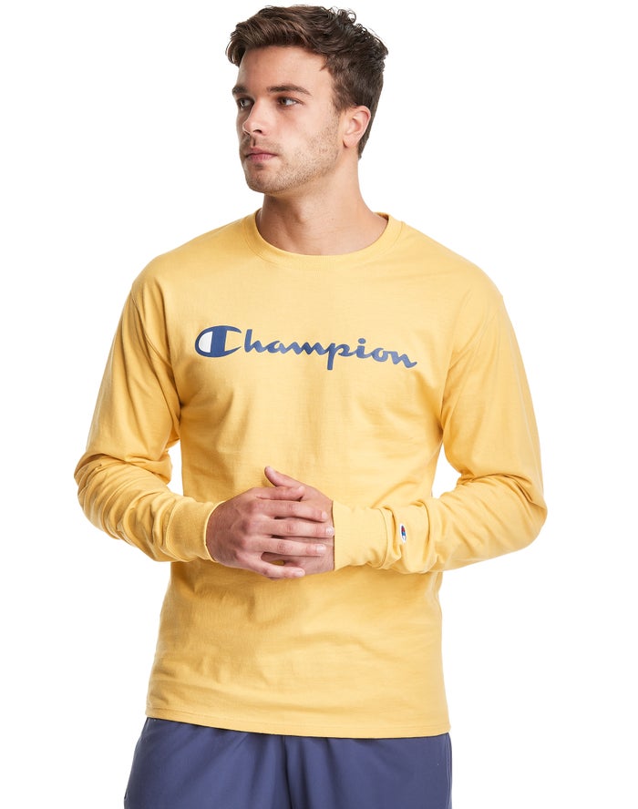 Champion Mens T-Shirt NZ - Classic Long-Sleeve Script Logo Yellow ( 1952-OCJKD )